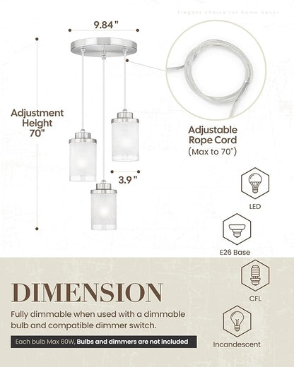 TENGXIN 3-Lights Modern Pendant Light with Glass Shade Brushed Nickel Pendant Lighting Adjustable Industrial Retro Style Hanging Light Fixture for Kitchen, Farmhouse