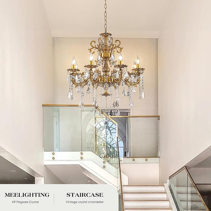 Antique Bronze Crystal Chandeliers, Candle Pendant Ceiling Light Fixture 8-Lights Luxury Gold Crystal Chandelier Adjustable Chain for Dining Living Room Bedroom Hallway 27 Inch