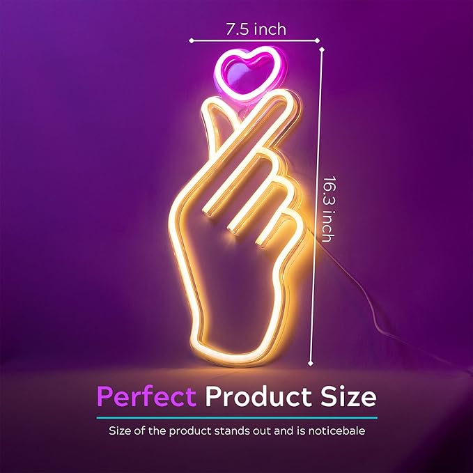 Finger Heart Neon Signs - Heart Thumb South Korean Novelty LED Neon Light for K-pop & K-drama Fans - Korean Saranghae Love Cute Symbol for Wall, Bedroom, Game Room Decor