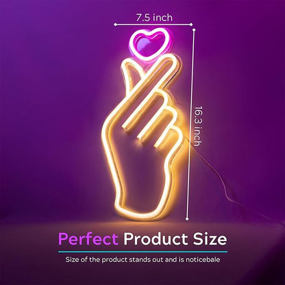 Finger Heart Neon Signs - Heart Thumb South Korean Novelty LED Neon Light for K-pop & K-drama Fans - Korean Saranghae Love Cute Symbol for Wall, Bedroom, Game Room Decor