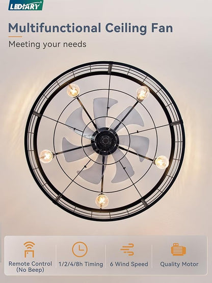 LEDIARY 30 inch Fandelier Caged Ceiling Fan with Light, Bladeless Ceiling Fan with Remote, Farmhouse Fan Lights Ceiling Fixtures for Kitchen, Bedroom, Outdoor(6 Speed, Timing)-Black