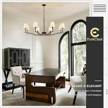 8 Light Black Chandelier with White Linen Shade 44'' Fabric Dining Room Chandeliers Over Table Transitional Living Room Chandeliers for Master Bedroom Entry Hanging Light Fixture Home Office Kitchen