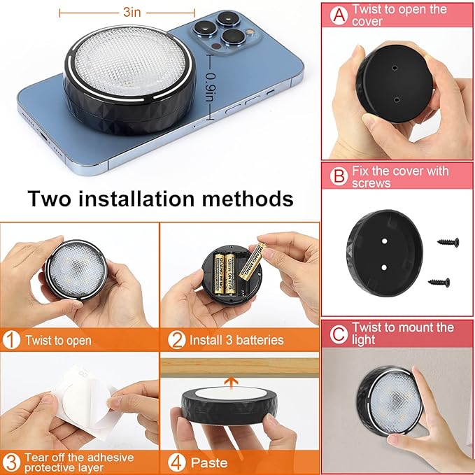 Onumii Battery Operated Under Cabinet Lighting with Remote, Wireless LED Puck Lights Color Changing with Timer, Stick On Closet Lights for Kitchen Cabinets Shelf Display - 2 Pack Black