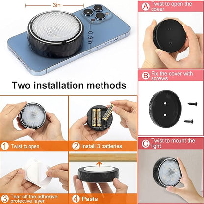 Onumii Battery Operated Under Cabinet Lighting with Remote, Wireless LED Puck Lights Color Changing with Timer, Stick On Closet Lights for Kitchen Cabinets Shelf Display - 2 Pack Black