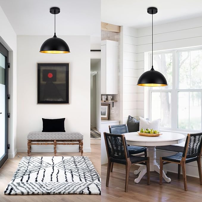 Black Pendant Lights Kitchen Island 3 Pack, 11.8" Farmhouse Pendant Lighting, Black and Glod Kitchen Light, Modern Dome Kitchen Pendant Lighting Over Island Dining Room Entryway Bar