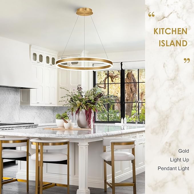 Gold LED Chandelier 23.6" Ring Chandelier for Dining Room Living Room 40W Remote Control Dimmable 1-Ring Ceiling Pendant Lighting Fixtures Office