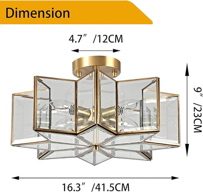 Milaii Star Semi Flush Mount Ceiling Light Fixture 16.3in Copper Brass Close to Ceiling Light Clear Glass 4-Light Hallway Lights for Kitchen Bedroom Foyer