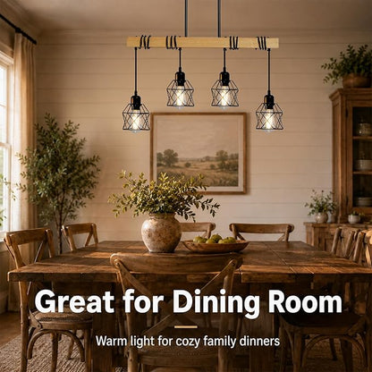 4 Light Farmhouse Kitchen Island Lighting,Dining Room Light Fixture,Adjustable Height Pendant,Real Wood and Black Metal Cage Chandelier for Kitchen,Dining Room