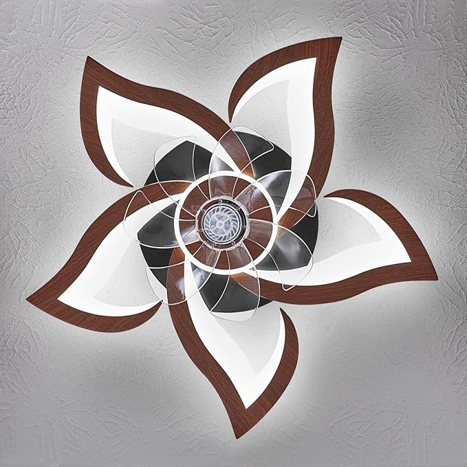 24" Wood Geometric Ceiling Fan with Lights Remote Control, Low Profile Ceiling Fan with Light for Kitchen Bedroom Living Room