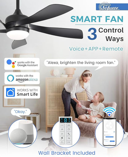 Sofucor 45" Smart Ceiling Fan, Indoor/Outdoor Black Ceiling Fans with Lights and Remote, Works with Alexa/Google/App, 3-Color Light 6-Speed Timing Reversible DC Motor for Bedroom Living Room Patio