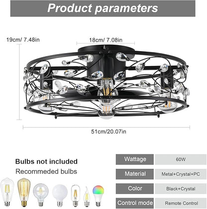 Garwarm 20in Caged Ceiling Fan with Light,Rustic Industrial Ceiling Fans with Lights and Remote,Bladeless Black Fandelier Ceiling Fan,Flush Mount Fan Lights for Kitchen,Bedroom（6 Speed,Timing）