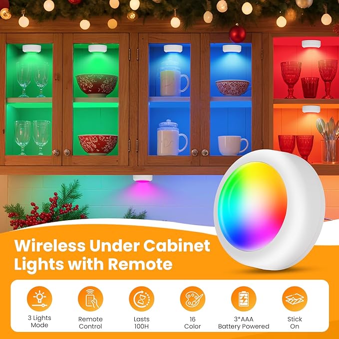 LED Puck Lights with Remote Control, 16 Color Changing Under Cabinet Lighting with Dimmer & Timer, AAA Battery Operated,Under for Closet Bedroom Kitchen, Stair (6 Pack Black)