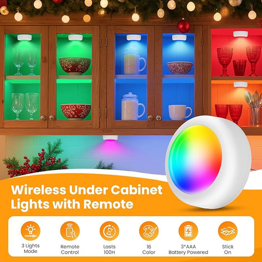 LED Puck Lights with Remote Control, 16 Color Changing Under Cabinet Lighting with Dimmer & Timer, AAA Battery Operated,Under for Closet Bedroom Kitchen, Stair (6 Pack White)