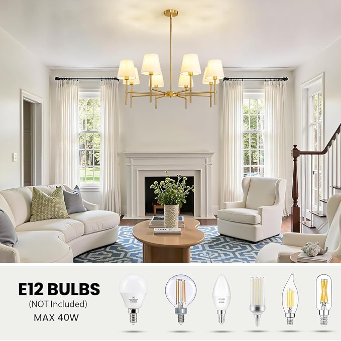 RUIYEY Dining Room Chandeliers Light - 8-Light Gold Modern Chandelier with Fabric Shade, Height Adjustable Mid Century Ceiling Lighting Fixture for Bedroom Kitchen Entryway Foyer