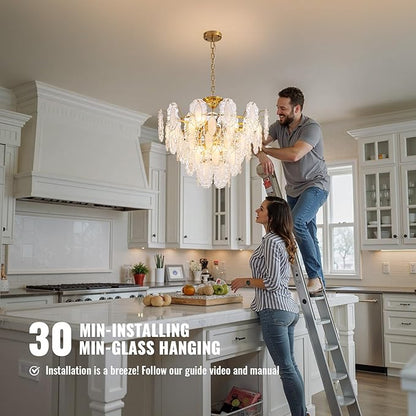 5-Tier Foyer Chandelier, 12-Light Vintage Glass Chandelier for Dining Room with Glass Leaf & Brass Finish, Dimmable Vintage Pendant Lighting for Kitchen Island Living Room Entryway, 28.74"xH23.62"
