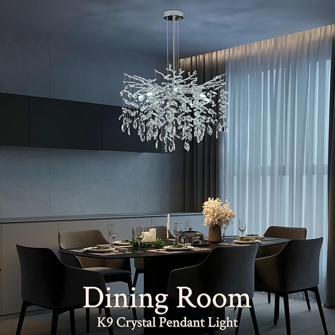 Benkut Modern Tree Branch Crystal Chandelier 23.6" Silver Crystal Dining Room Chandeliers 8-Light Luxury Pendant Lighting for Kitchen Bedroom Living Room