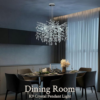 Benkut Modern Tree Branch Crystal Chandelier 23.6" Silver Crystal Dining Room Chandeliers 8-Light Luxury Pendant Lighting for Kitchen Bedroom Living Room