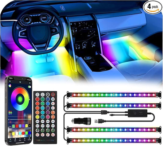72 LED USB Interior Strip Lights Dream Color RGB-IC 12V DC with App RF Remote Control Multicolor Footwell Under Dash Chasing Inside Light Kits 4 Lines Music Sync Mode for Cars Truck ATV UTV