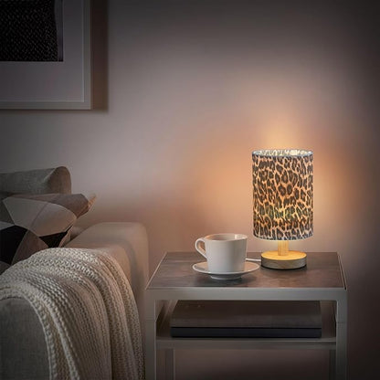 Bedside Table Lamp Leopard Print Nightstand Lamp with Wood Desk Lamps for Bedroom Living Room Nursery Office Home Decor