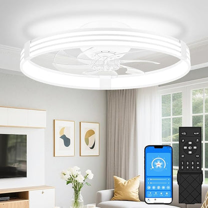 VOLISUN Low Profile Ceiling Fans with Lights and Remote, 20in Flush Mount Ceiling Fan with Light, 3000K-6500K Dimmable Fandelier LED Fan Light, White Bladeless Ceiling Fans with Lights for Bedroom