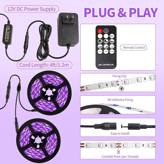 50 Foot Black Light Strip & Remote, 900LEDs, Dimmable 12V Flexible Black Lights for Glow Party, Bedroom, Halloween, Fluorescent Tapestry Poster, 3 Lighting Modes, Non-Waterproof