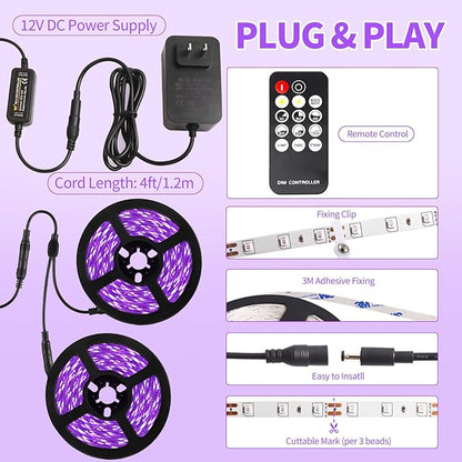 50 Foot Black Light Strip & Remote, 900LEDs, Dimmable 12V Flexible Black Lights for Glow Party, Bedroom, Halloween, Fluorescent Tapestry Poster, 3 Lighting Modes, Non-Waterproof