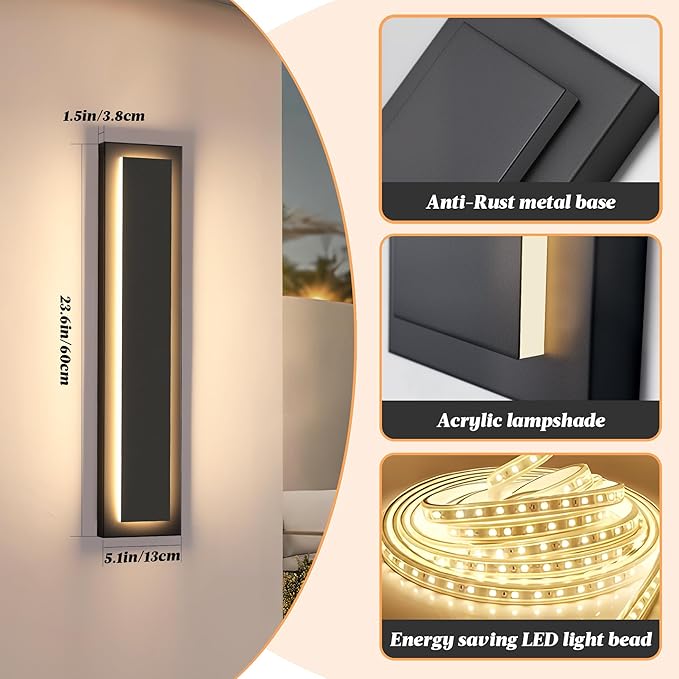 Modern Outdoor Wall Lights -𝟐𝟒 𝐈𝐍 Long Exterior Lighting Fixtures,Black LED Outdoor Wall Sconce Use for House,Porch,Garage,Front Door, Patio,IP65 Waterproof,3000K Warm White,24W,2 Packs