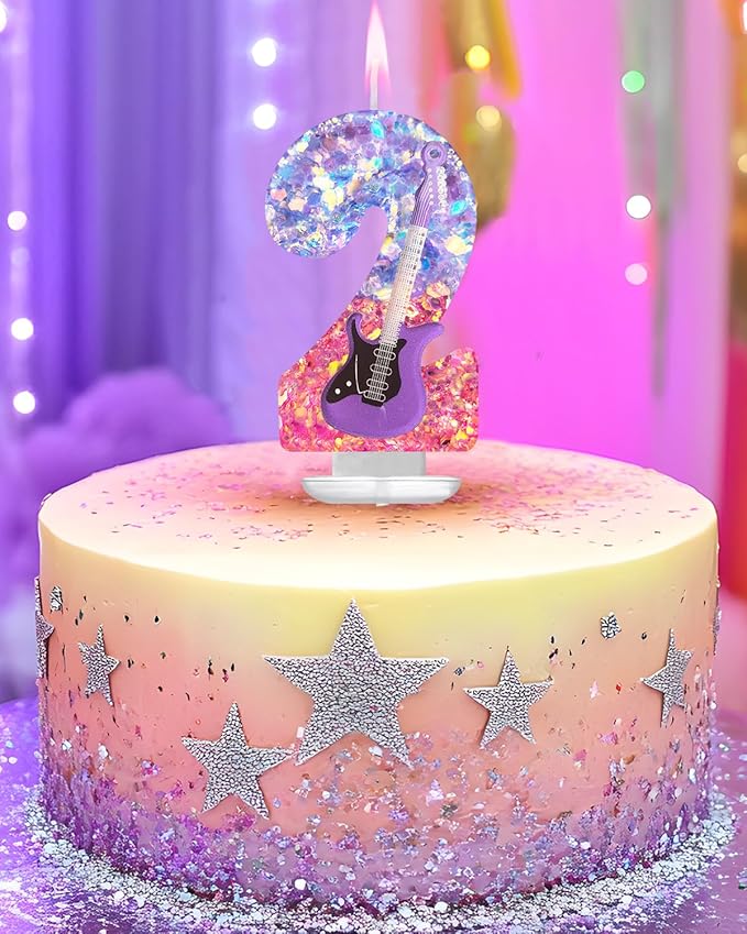 K-Pop Birthday Candle – Purple & Pink Glitter Music Theme Cake Candle with Guitar, Musical Party Decor for Girls, Teens, Kpop Fans (2)