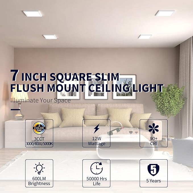mw 4 Pack 7 Inch Square LED Flush Mount Ceiling Light, White Slim LED Ceiling Lights, Dimmable 12W, 120V, 3000K/4000K/5000K, for Bedroom, Kitchen, Bathroom, ETL Listed, Each Side is 6.38"