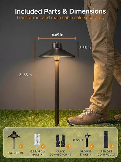 Gardenreet Brass Smart RGBCW 12v Path Light, Bluetooth App Control Landscape Lighting Waterproof, Low Voltage Dimmable Adjustable Warm/Cool White G4 Bulb, Year-Round Daily Yard Ambiance, Bronze 6 Pack