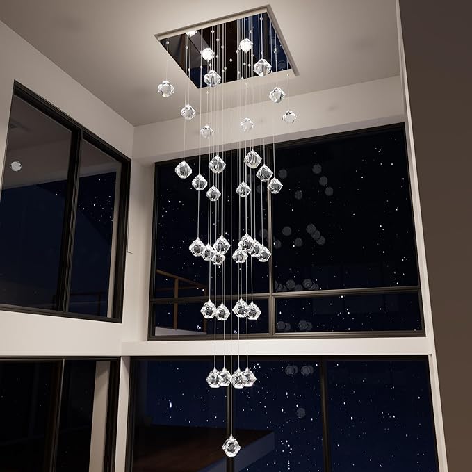 H192in Modern Crystal Chandeliers Large Chandeliers for High Ceiling Chrome Pendant Light Fixture 33-Lights Large Pendant Light for Staircase Living Room Hallway Entryway