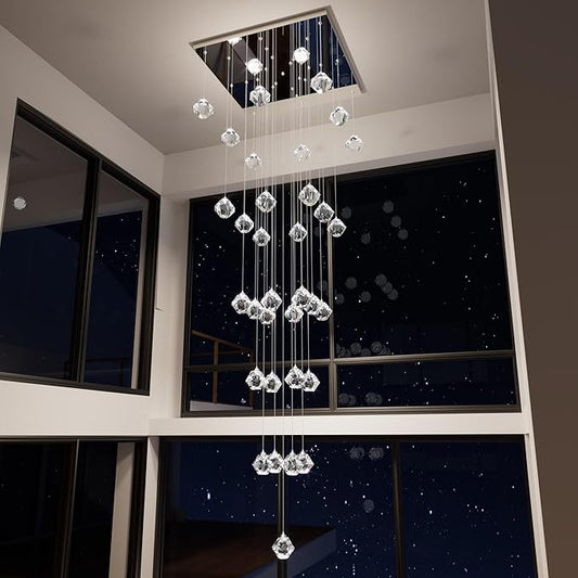 H192in Modern Crystal Chandeliers Large Chandeliers for High Ceiling Chrome Pendant Light Fixture 33-Lights Large Pendant Light for Staircase Living Room Hallway Entryway