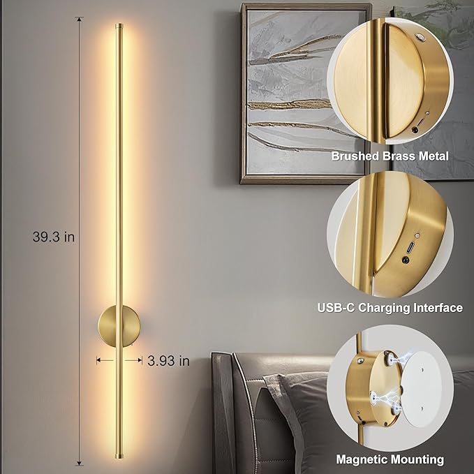 Battery Operated Modern Wall Sconces Set of Two,Rechargeable Wireless Wall Lights with Remote Control,Dimmable,3CCT,Timer,360°Rotation,Cordless Lighting for Bedroom,Living Room,Hallway,Brass,39.3 Inch