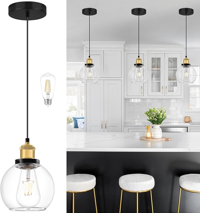 Bagood 6 inch Mini Hanging Pendant Light Contemporary Globe Pendant Lights Kitchen Island Clear Glass with Black Gold Finish Adjustable Hanging Light Fixture for Kitchen Island (Bulb Included)