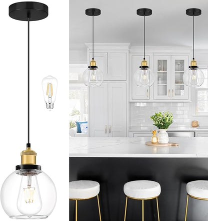 Bagood 6 inch Mini Hanging Pendant Light Contemporary Globe Pendant Lights Kitchen Island Clear Glass with Black Gold Finish Adjustable Hanging Light Fixture for Kitchen Island (Bulb Included)