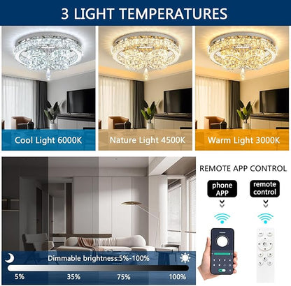 Modern Crystal Chandelier LED 2-Tier Flush Mount Ceiling Lighting Dimmable Pendant Light for Living Room Bedroom Dining Room Entryway Hallway
