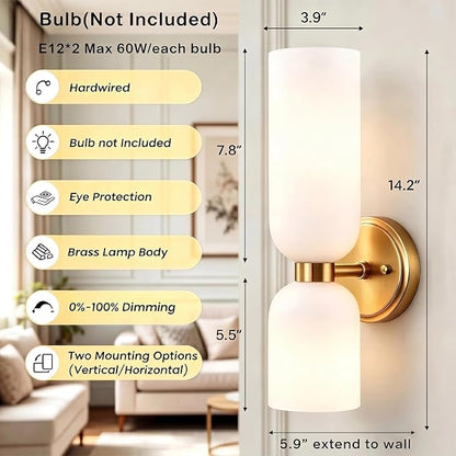 DEYNITE Gold Wall Sconces Set of Two 2-Light Modern Wall Light 3.93"(W)*14.2"(H) Bathroom Vanity Light Milky White Glass