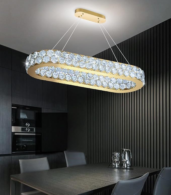 32'' Modern Oval Chandelier Crystal Chandeliers for Dining Room Round Ceiling Light Fixture for Living Room Lighting LED Dimmable with Remote Ring Lights Gold