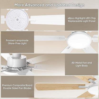 52 Inch Ceiling Fans with Lights, 6 Double Sided Blades, Ultra Quiet Reversible DC Motor, Remote & APP Control, 6 Speeds, 3CCT Dimmable LED with Memory Function, Downrod Mount for Living Room, White