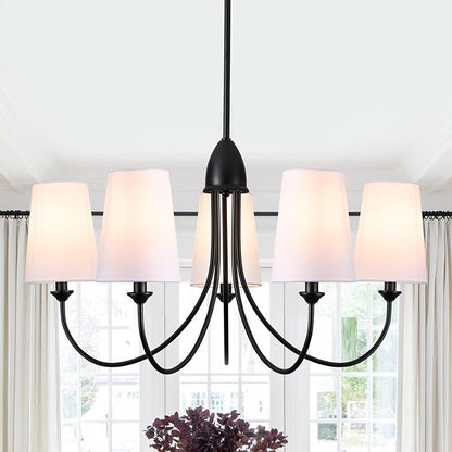 Black Chandelier,5-Light Vintage Farmhouse Chandeliers for Dining Room with White Fabric Shade,30" Modern Industral Chandelier Light Fixture for Bedroom Foyer Porch Living Room Kitchen entryway