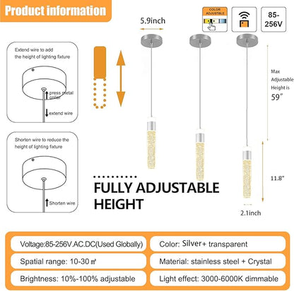 Modern LED Chrome Crystal Pendant Light Kitchen Island, Bedroom Bedside Hanging Ceiling Lamp with Crystal Bubble Column, Dimmable 3000k-6000k 1-Light Independent