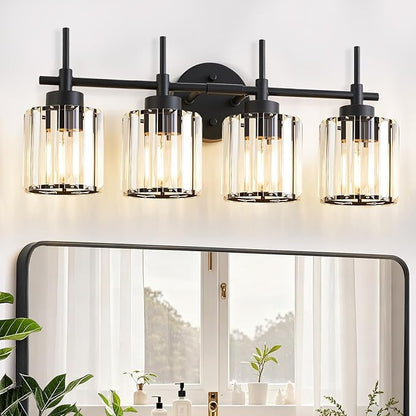 EJIAXIN 4 Light Round Crystal Vanity Lights, Modern Black Crystal Wall Light Bath Mirror Light Fixture Over Mirror Bathroom Wall Sconces for Bathroom Living Room