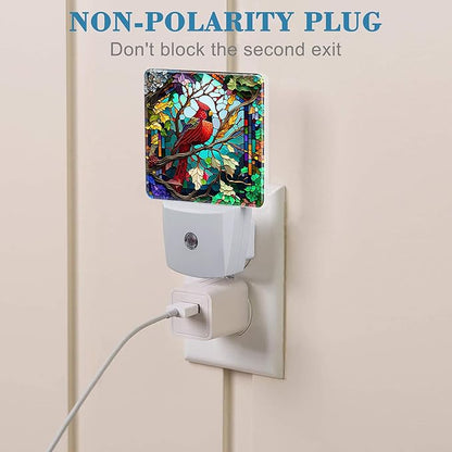 Plug in Night Lights Christmas Stained Glass Cardinal Bird Nightlight Plug Into Wall Dusk to Dawn Sensor LED Night Light for Kid Girls Boys Room Decor,Hallway,Kitchen,Bathroom,Nursery,Stairs