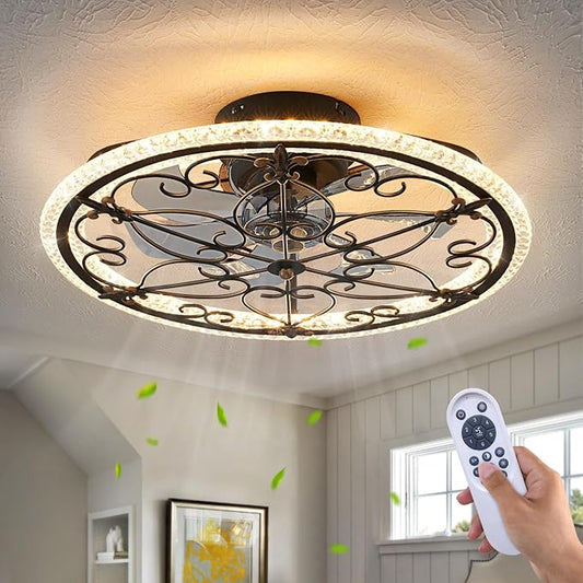 Caged Ceiling Fan with Lights Remote Control, 6 Speeds 3 Color Farmhouse Industrial Ceiling Fan with Light for Kitchen Bedroom Living Room