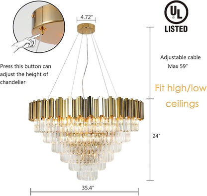 Gold Crystal Chandelier Large, 17-Light Luxury Chandelier Lighting Fixture for High Ceiling Foyer Entryway Living Room D35.4