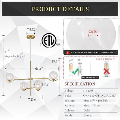 CATINER 4 Lights Gold Sputnik Chandelier, Modern Large L31 '' Mid Century Long Ceiling Pendant Light Fixtures with Clear Glass Globe Shades for High Ceiling Living Room Foyer Dining Room Bedroom