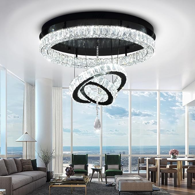 Flashing God Dia 32'' Modern Chandeliers for Living Room Crystal Flush Mount Ceiling Chandelier Large Chandeliers for Dining Room Bedroom LED Dimmable 3000-6000K Black
