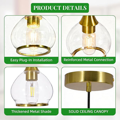 Kitchen Island Linear Pendant Light, 1-Pack 1-Light Gold Pendant Light, Brushed Gold Glass Globe Hanging Light Fixture for Dining Room, Over Table, Bar