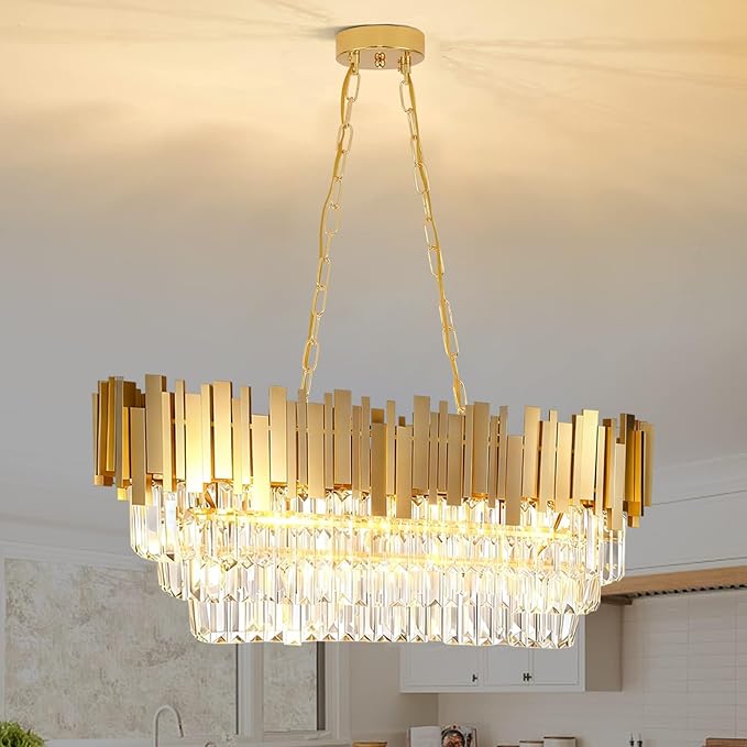 Modern Rectangular Chandelier Luxury Gold Crystal Chandelier,E12 Base Oval Contemporary Ceiling Hanging Light, Linear Ceiling Pendant Light for Living Room Dining Room Entryway L32in