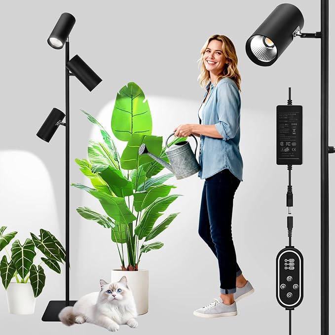 90W Full Spectrum Grow Light, Dimmable COB LED Triple-Head Floor Plant Lamp with High PPFD&CRI, 6/8/12H Timer, Adjustable Height (43"-83") & Angle – Standing Grow Lights for Indoor Plants